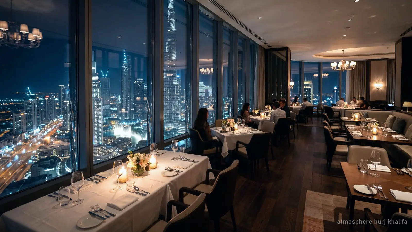 An elegant high-floor restaurant dining room with set tables beside floor-to-ceiling windows over Dubai at night (generated illustration)