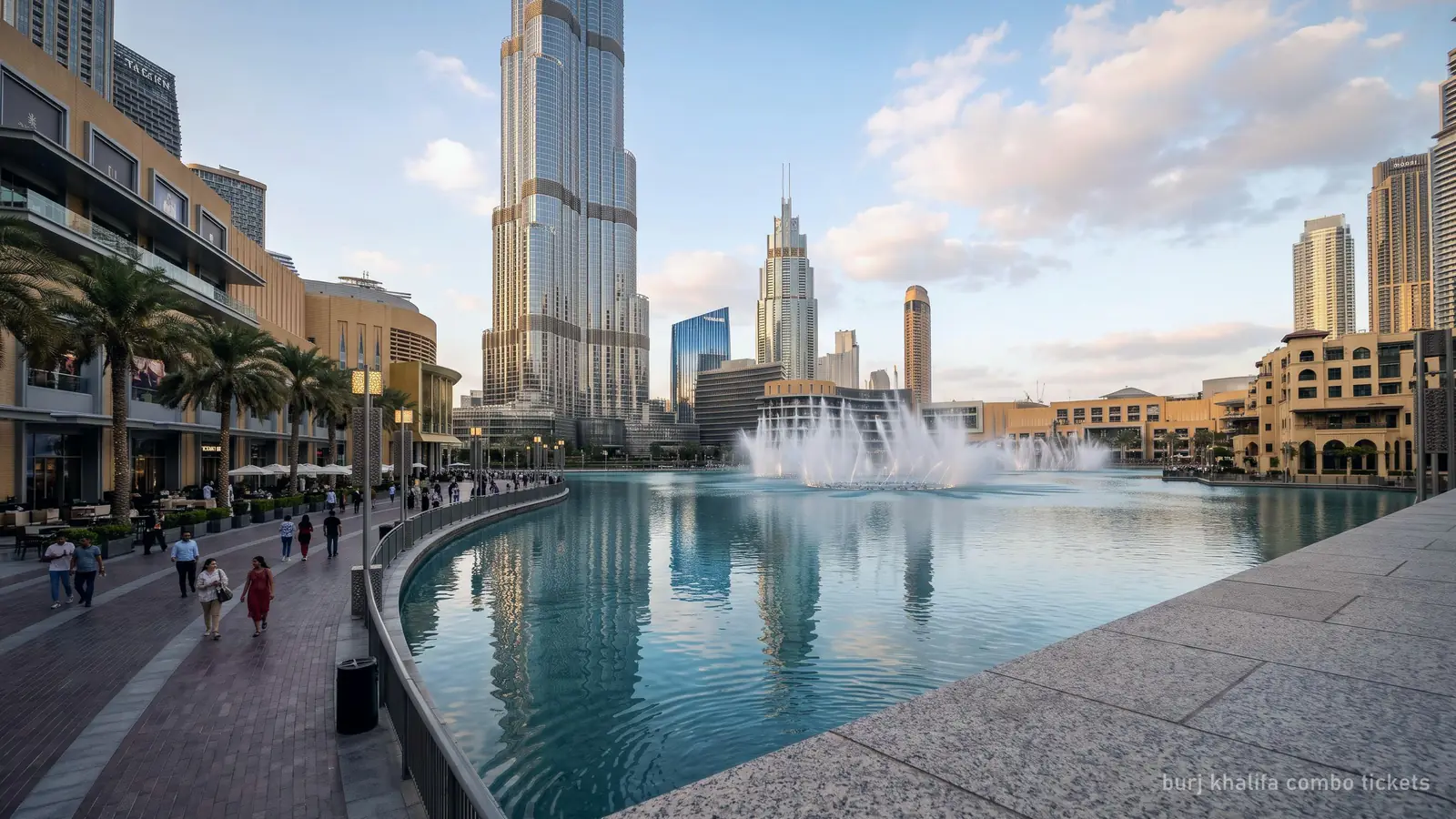 The Burj Khalifa seen from the edge of Burj Lake beside The Dubai Mall in late afternoon light (generated illustration)
