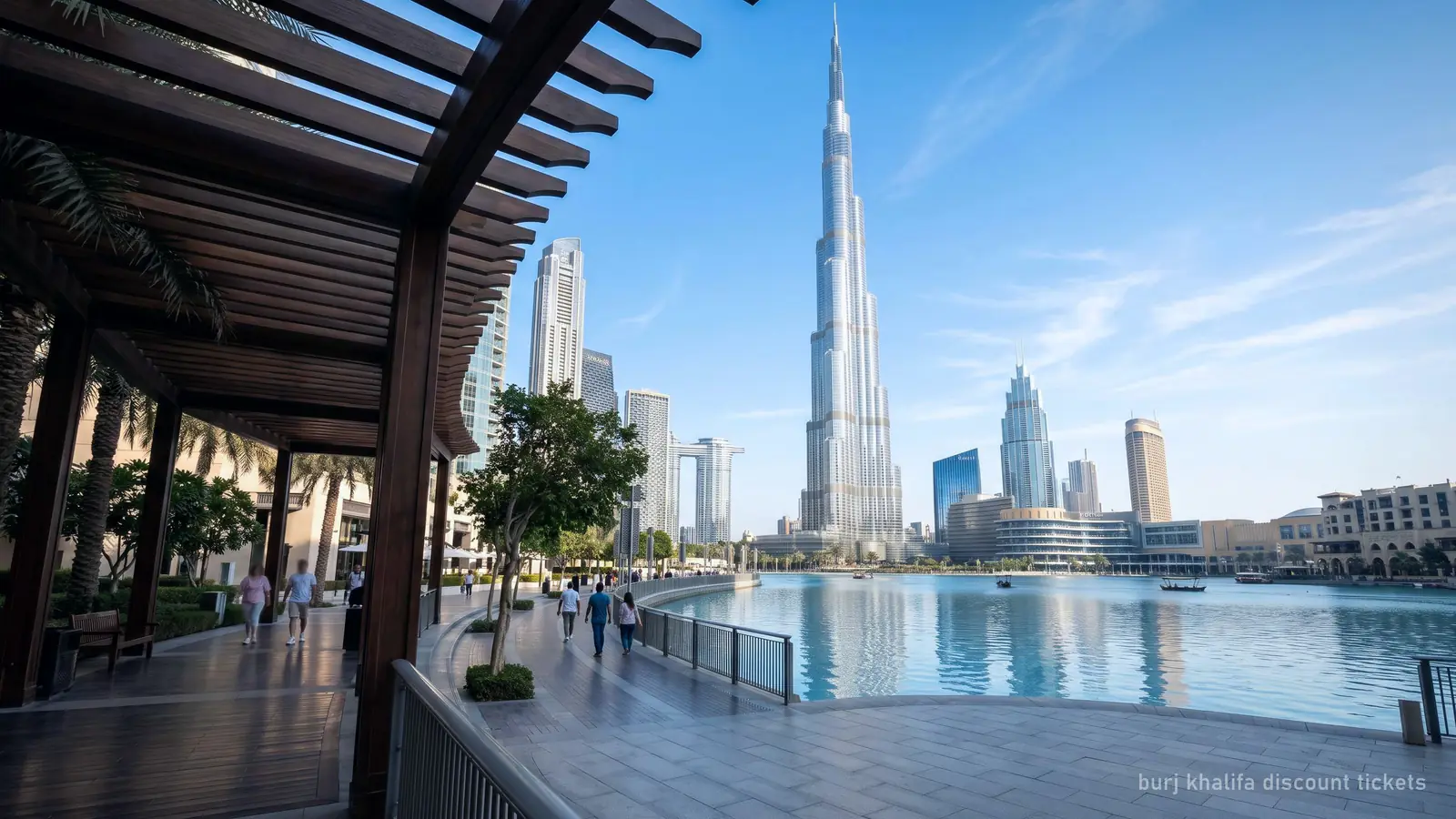 The Burj Khalifa seen from the shaded promenade of Burj Lake on a bright winter morning (generated illustration)