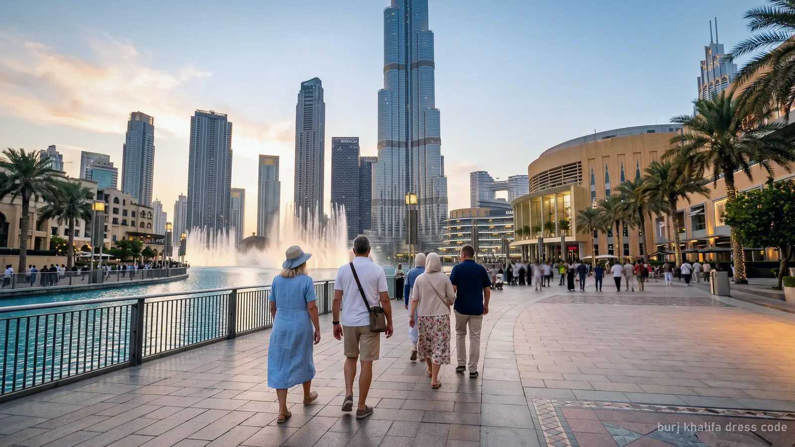Visitors in light modest summer clothing walking along the Burj Lake promenade, seen from behind, Burj Khalifa ahead (generated illustration)