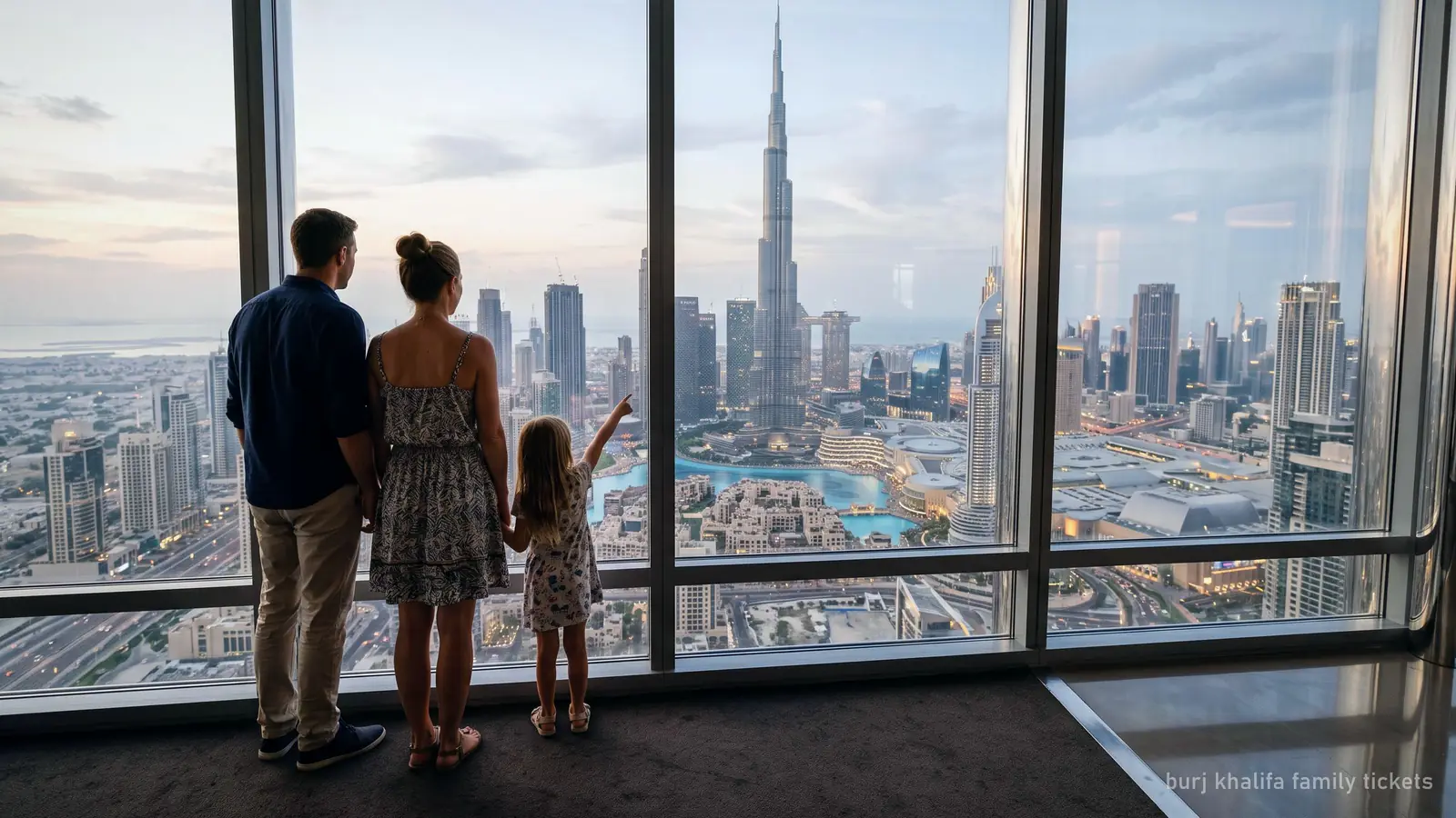 A family seen from behind looking at the Dubai skyline through a glass observation window, child pointing (generated illustration)