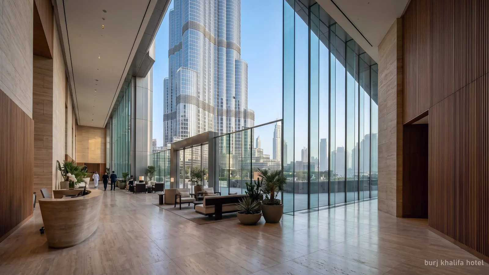 A minimalist luxury hotel lobby in warm stone and wood tones at the base of a supertall tower (generated illustration)