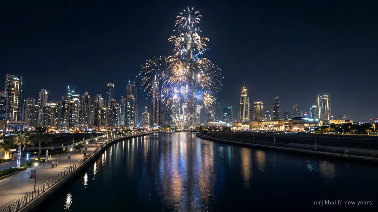 The Downtown Dubai skyline at night with fireworks in the sky near the Burj Khalifa, seen from a distance (generated illustration)
