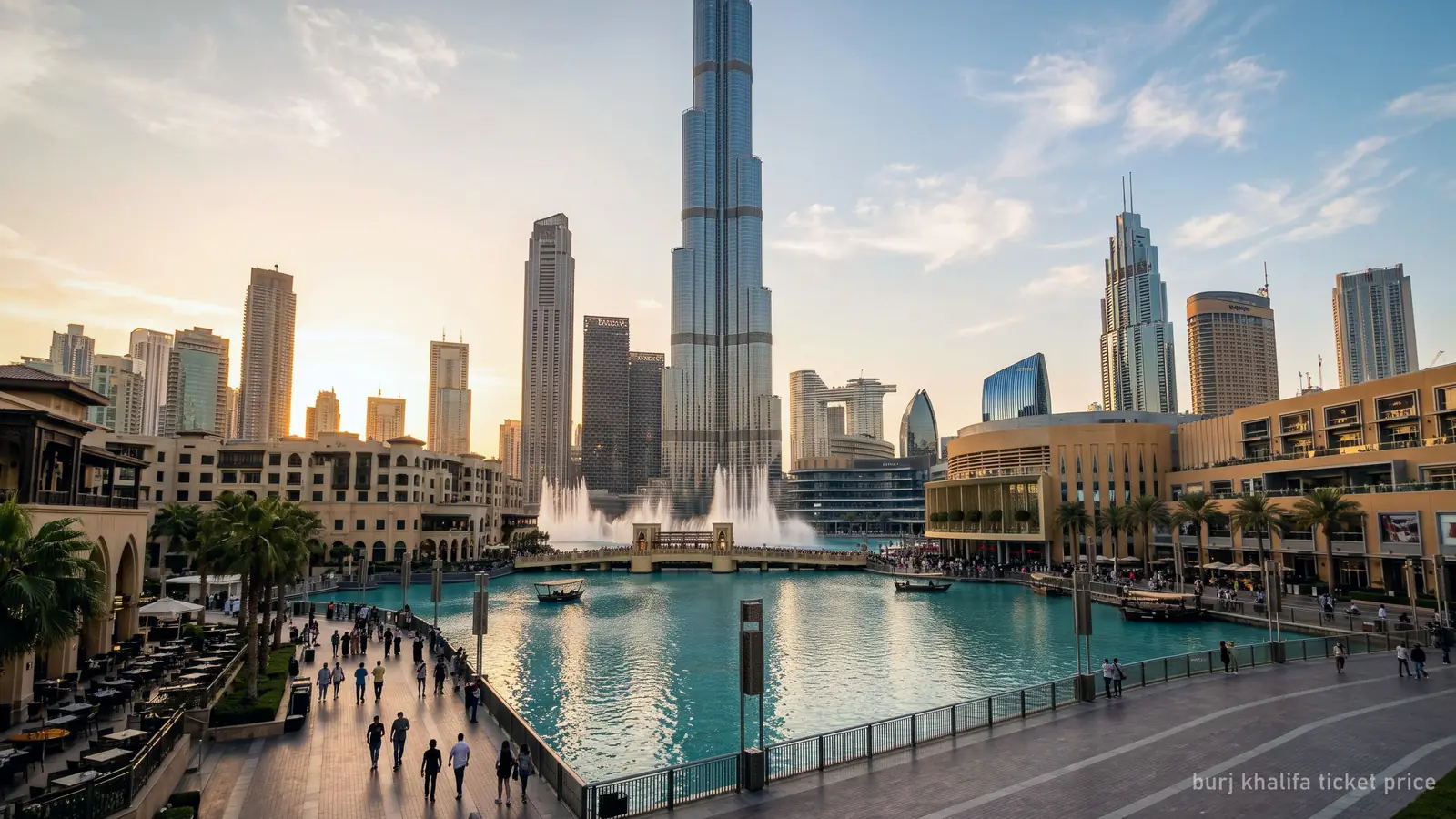 The Burj Khalifa over The Dubai Mall waterfront in golden late afternoon light (generated illustration)