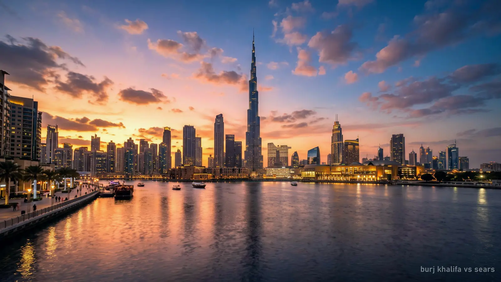 The Burj Khalifa and the Downtown Dubai skyline from across the water at sunset (generated illustration)