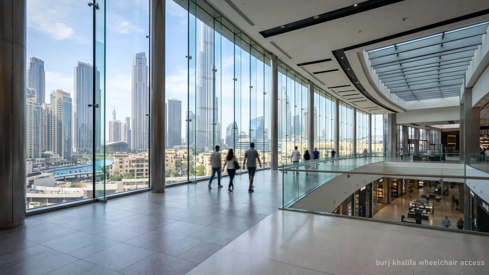 A wide, step-free glass-walled walkway inside a modern mall leading toward the Burj Khalifa (generated illustration)