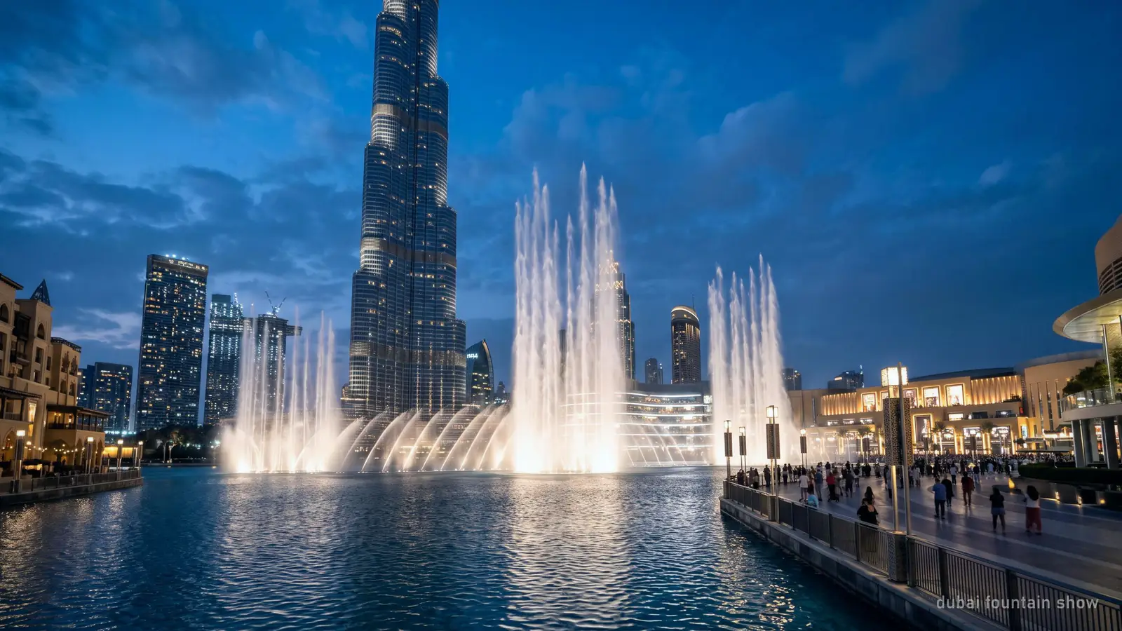 The Dubai Fountain jets shooting high in the evening, the Burj Khalifa lit behind (generated illustration)