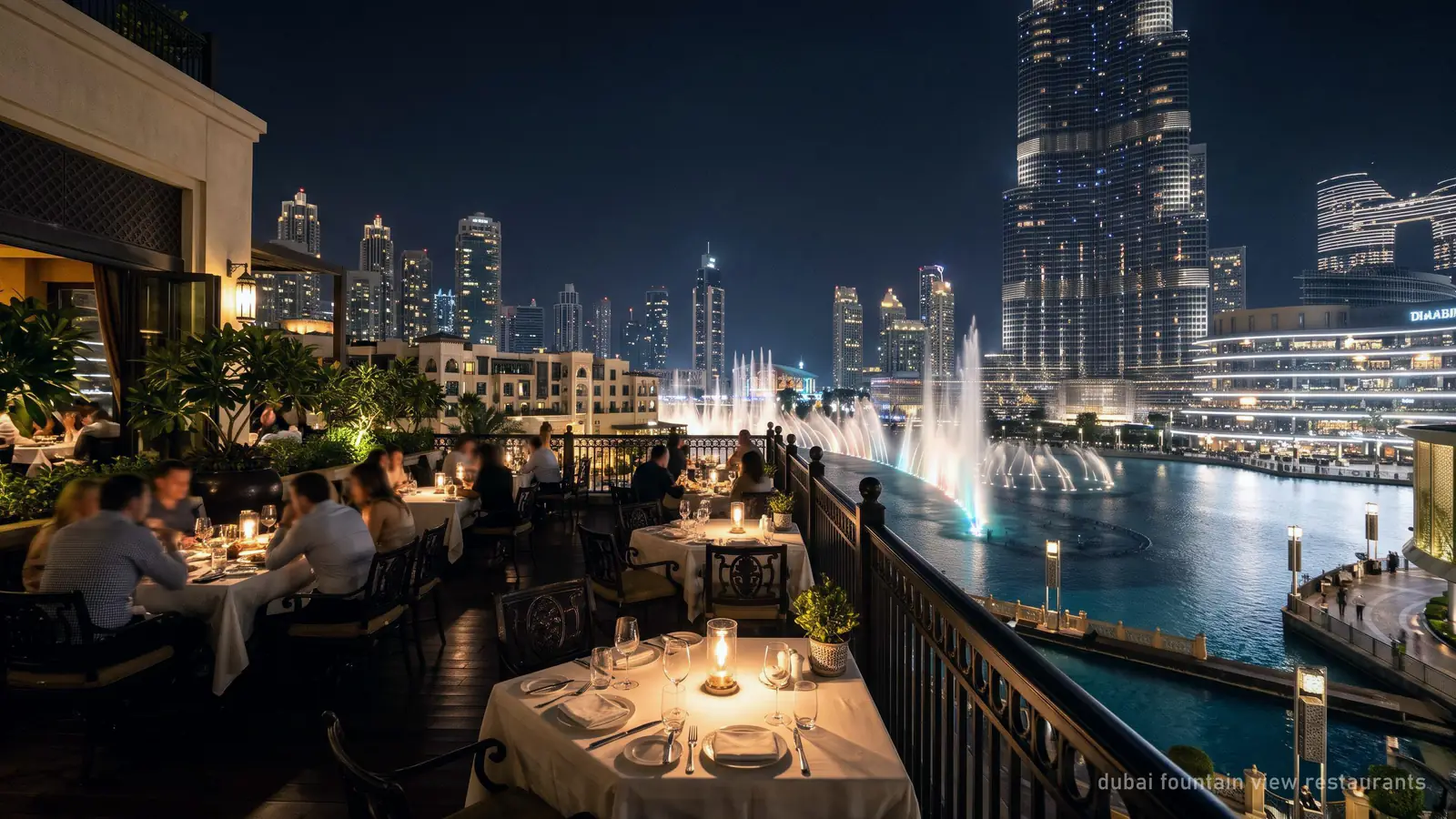 A restaurant terrace with set tables overlooking the Dubai Fountain show at night, Burj Khalifa lit behind (generated illustration)