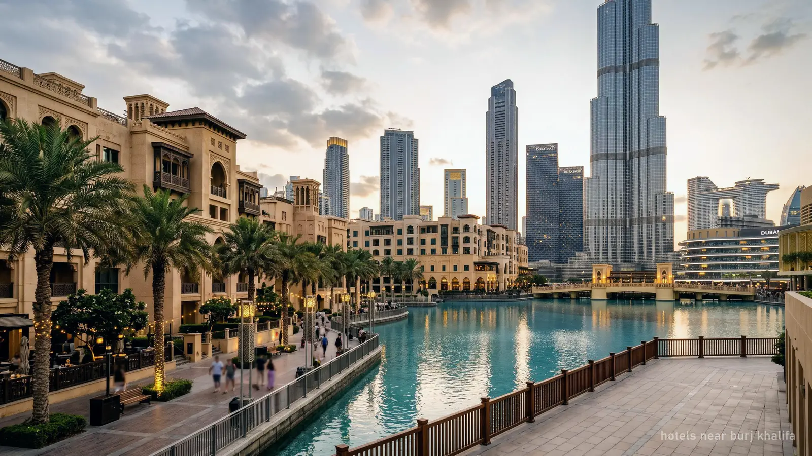 Low-rise Arabic-style hotel buildings with palm trees beside Burj Lake, the Burj Khalifa behind them (generated illustration)
