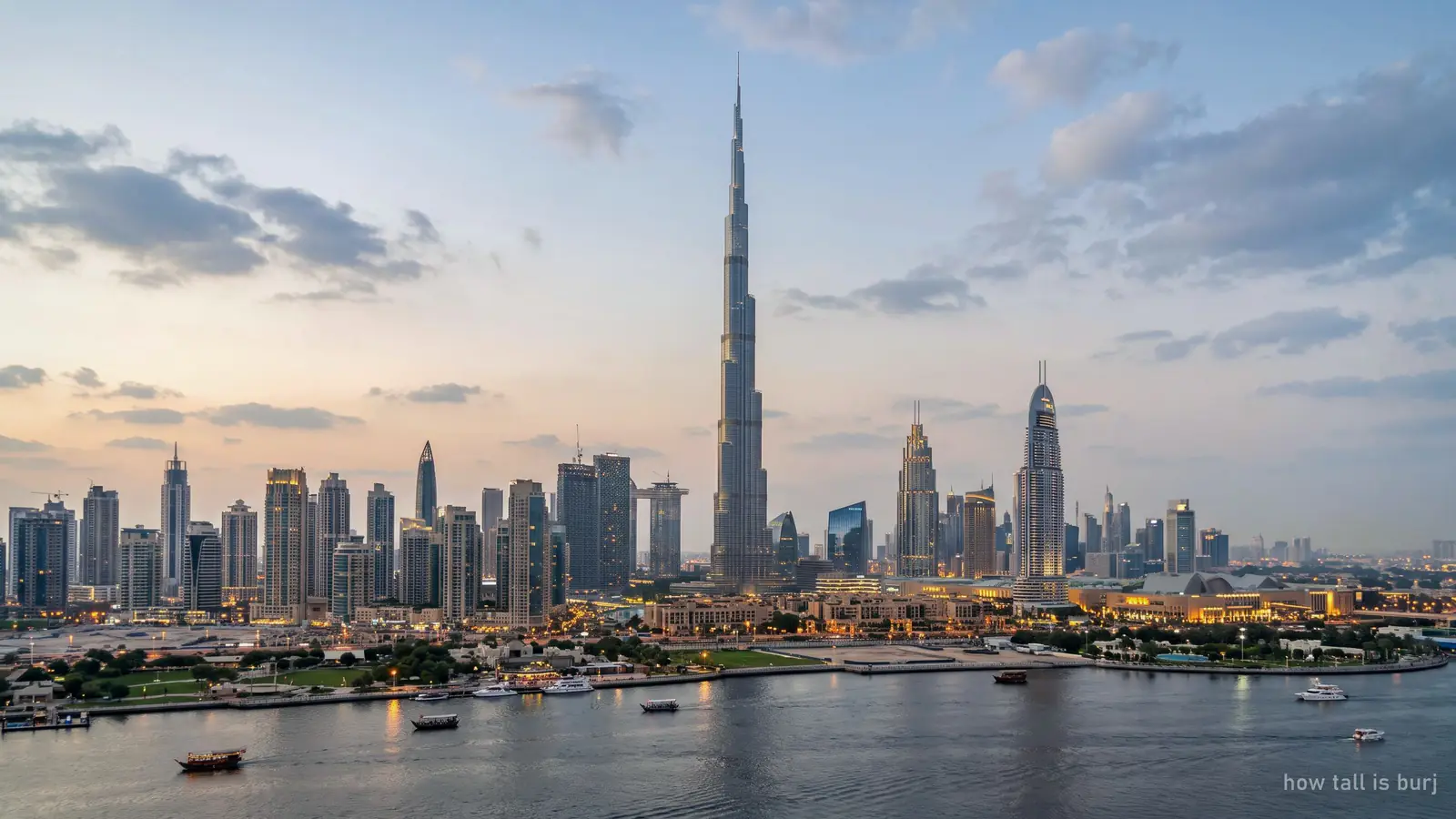 The entire Burj Khalifa from base to spire, shot from far away so it dwarfs the towers around it (generated illustration)