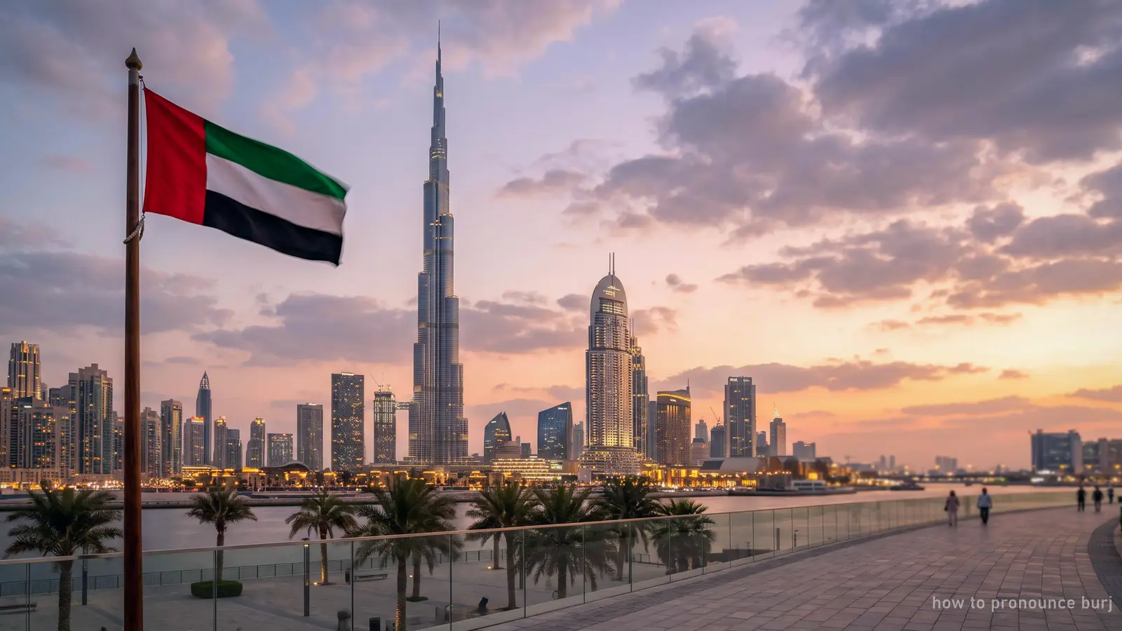 The Burj Khalifa at dawn with the UAE flag flying on a pole in the foreground (generated illustration)