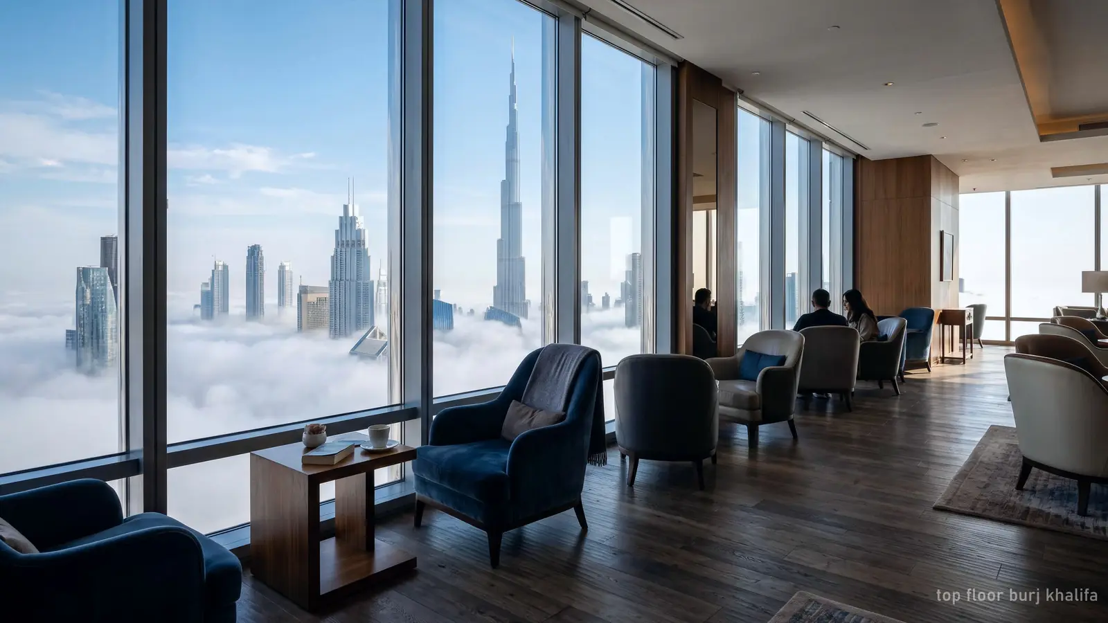 A lounge high in a supertall tower with armchairs by tall windows above the clouds over Dubai (generated illustration)