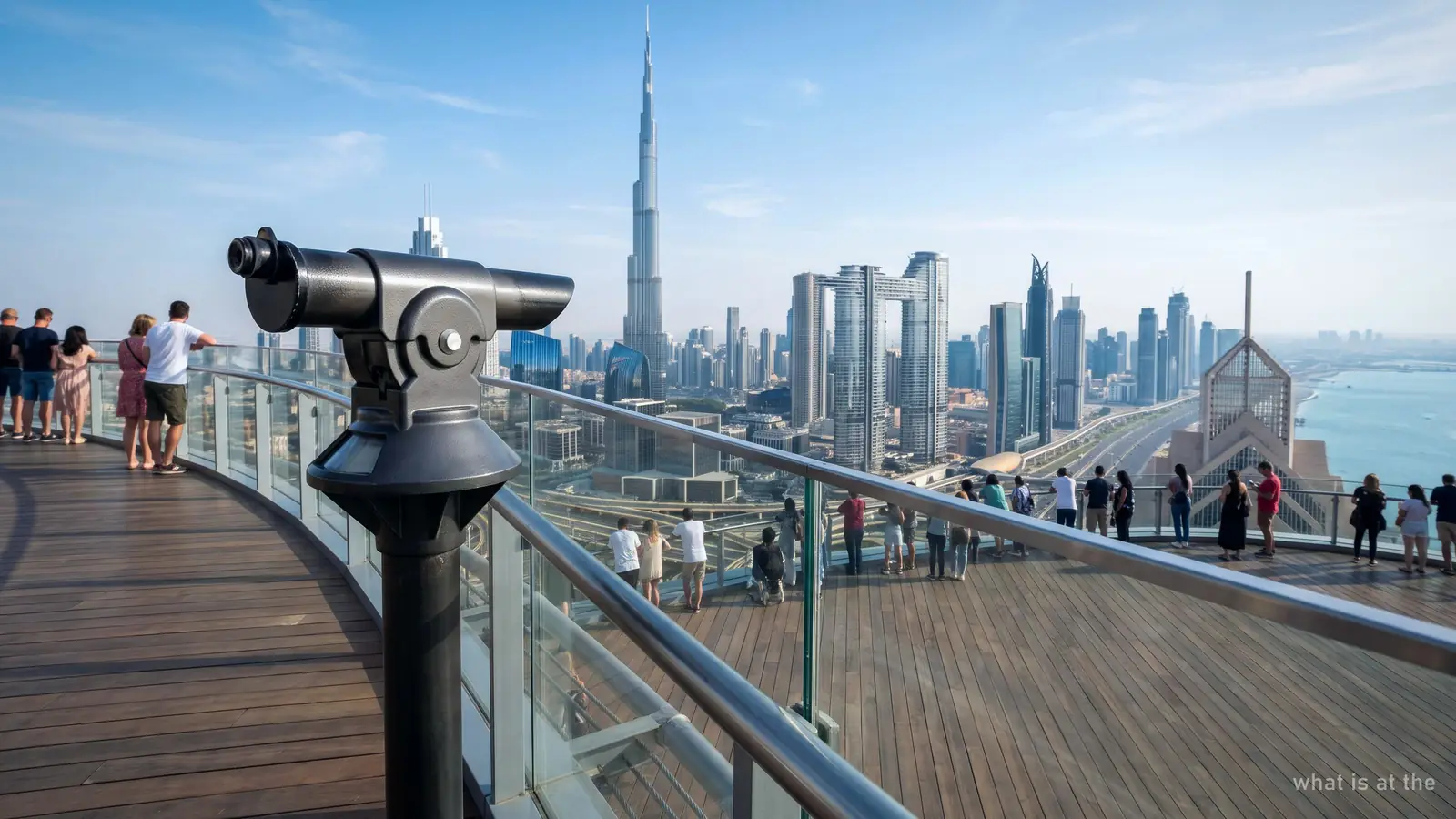 A coin-free viewing telescope on an observation deck pointed at the Dubai skyline (generated illustration)